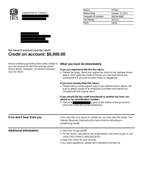 Image of page 1 of a printed IRS CP080 Notice