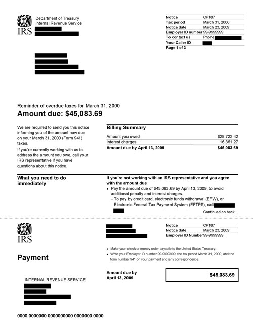 Image of page 1 of a printed IRS CP187 Notice