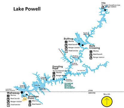 map showing floating comfort stations on Lake Powell