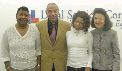 Left to right: Katrina Miller, Principal of the Annapolis Road Academy Alternative High School; Congressman John Conyers, Jr.; Ebony Milligan, Annapolis Road Academy student and essay contest winner; LSC President Helaine M. Barnett.