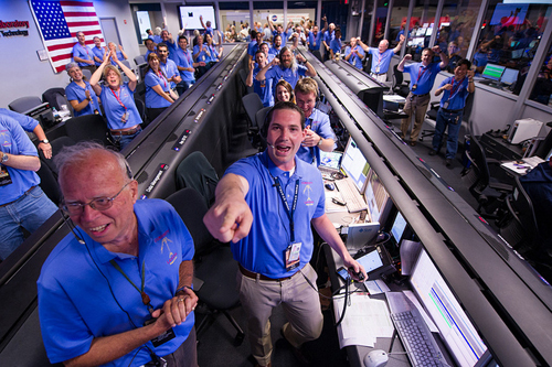 The NASA team celebrates the successful landing of the Curiosity rover. Photo credit: NASA.