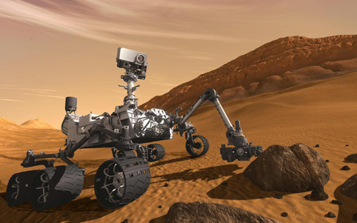 A computer-generated image showing what Curiosity would look like on Mars. Click through for image source.