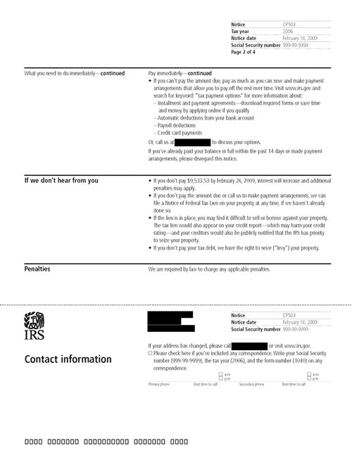Image of page 2 of a printed IRS CP503 Notice