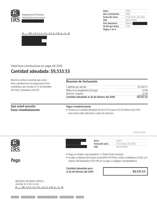 Image of page 1 of a printed IRS CP601 Notice