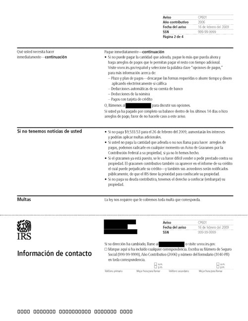 Image of page 2 of a printed IRS CP601 Notice
