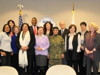 USAID staff host International Women of Courage Awardees. Back row, from left: Fartuun Adan, Somalia; Summer Lopez, USAID; Franklin Moore, USAID; Beth Hogan, USAID; Ambassador Donald Steinberg, USAID; Kathleen Campbell, USAID; Amber Ussery, USAID; Front row, from left: Dr. Josephine Odumakin, Nigeria; Roberta Mahoney, USAID; Julieta Castellanos, Honduras; Sarah Mendelson, USAID; Malalai Bahaduri, Afghanistan; Yelena Milashena, Russia, Key Freeman, USAID. Photo credit: Pat Adams, USAID