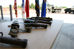 KA-BAR knives are staged for the ceremonial ribbon cutting for a new Marine Corps Reserve Center on Wright-Patterson Air Force Base, Ohio, June 18, 2010. The new facility is energy-efficient and replaces a decaying, inadequate, 1950s-era building that previously housed Military Police Company C, Headquarters and Service Battalion, 4th Marine Logistics Group, in Dayton, Ohio.