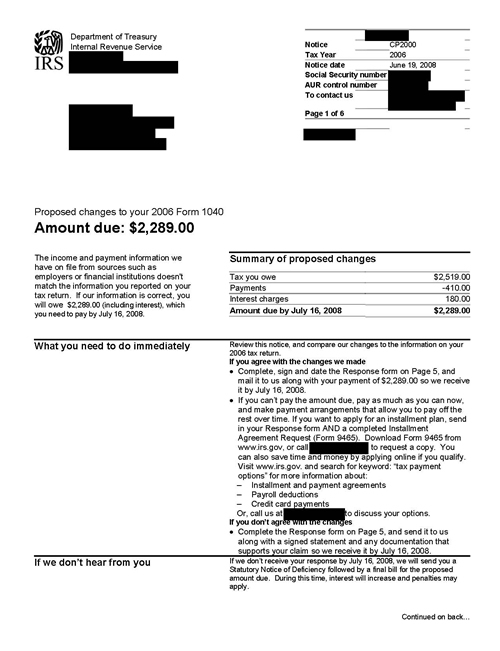 Image of page 1 of a printed IRS CP2000 Notice