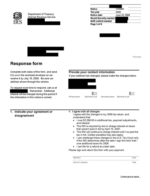 Image of page 6 of a printed IRS CP2000 Notice