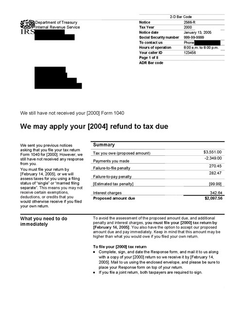 Image of page 1 of a printed IRS CP2566R Notice