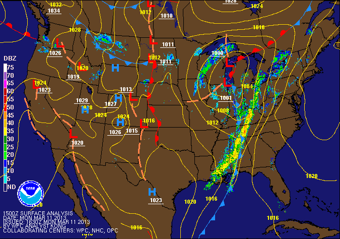 15Z U.S. Radar Mosaic with WPC Surface Analysis