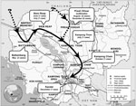 Thumbnail of Spatiotemporal pattern of chikungunya cases showing the 6 provinces in which cases occurred and the most likely route of virus introduction into Cambodia, 2011. Adapted, with permission, from www.nationsonline.org/oneworld/map/cambodia-administrative-map.htm.