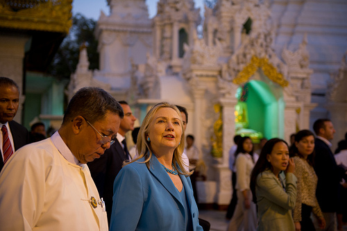 Secretary of State Hillary Clinton visits Shwedagon Pagoda in Rangoon during her historic visit to Burma. [State Department photo by Kay Itoi]