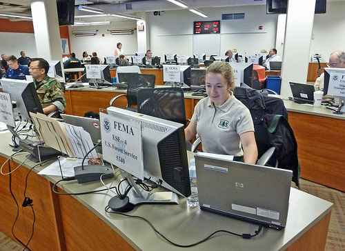 US Forest Service wildland firefighters and interagency crews mobilized to assist with Hurricane Sandy response. Rachel Smith ESF4 Lead at FEMA Region 1 Regional Response Coordination Center Maynard, Mass., on Oct. 30, 2012. US Forest Service photo/Rachael Smith.