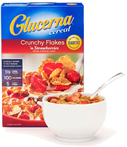 A bowl of Glucerna cereal and the cereal box standing behind it.