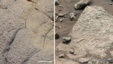 At left, "Wopmay" rock, found in Endurance Crater, Meridiani Planum, as studied by the Opportunity rover; at right, rocks of the "Sheepbed" unit in Yellowknife Bay, Gale Crater, as seen by Curiosity, undated file photos.