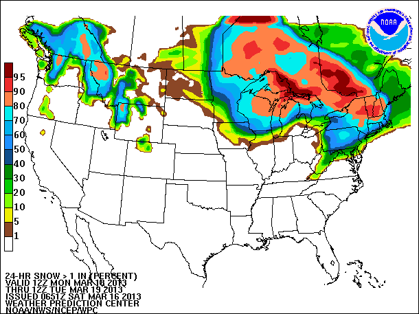 24-Hour Probability of Snow valid 12Z March 19, 2013