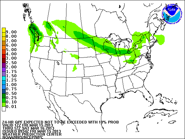 24-Hour 10th
                     Percentile QPF valid 12Z March 16, 2013