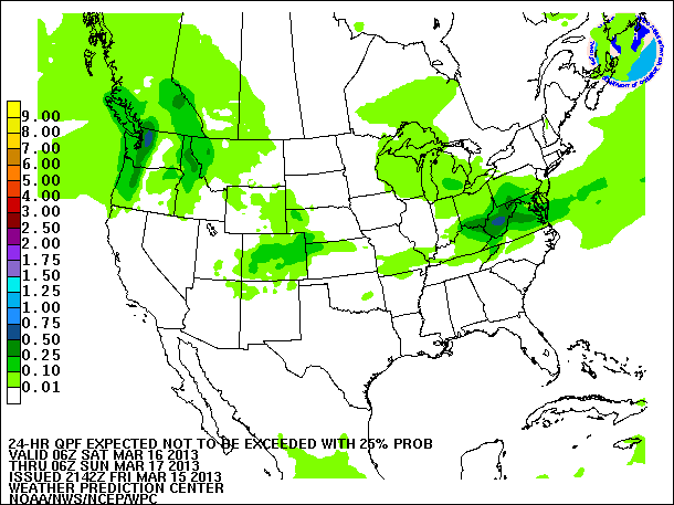 24-Hour 25th
                     Percentile QPF valid 06Z March 17, 2013