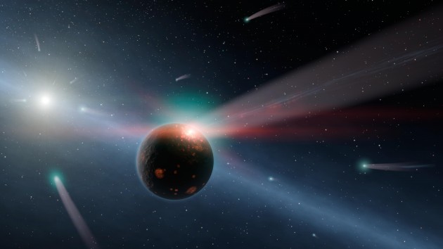 This artist's conception illustrates a storm   of comets around a star near our own, called   Eta Corvi. Evidence for this barrage comes   from NASA's Spitzer Space Telescope,  Image Credit: NASA/JPL-Caltech