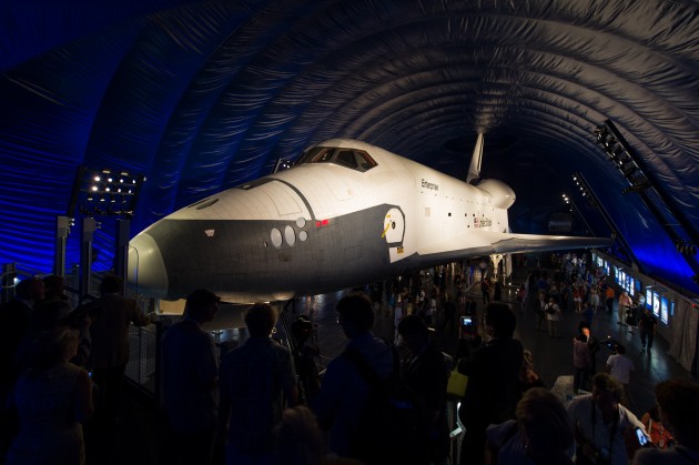 The space shuttle Enterprise is seen shortly after the grand opening of the Space Shuttle Pavilion at the Intrepid Sea, Air & Space Museum on Thursday, July 19, 2012 in New York. (Photo: NASA/Bill Ingalls)