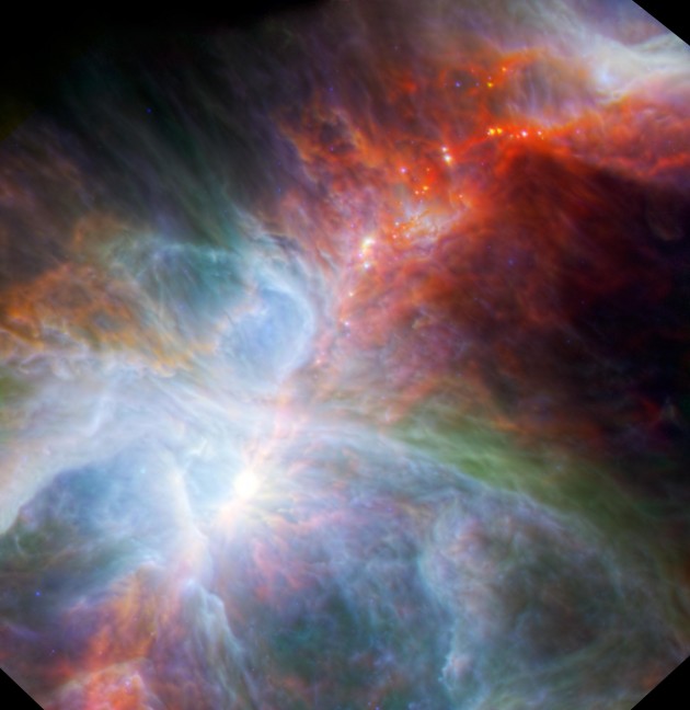 This new view of the Orion nebula highlights fledgling stars hidden in the gas and clouds. It shows infrared observations taken by NASA's Spitzer Space Telescope and the European Space Agency's Herschel mission. (Photo: (NASA/ESA/JPL-Caltech/IRAM )