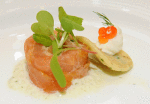 Smoked Salmon Rillette Roulade with Chive Blini, Caviar & Tzatziki Sauce