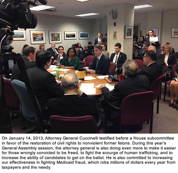On January 14, 2013, Attorney General Cuccinelli testified before a House subcommittee in favor of the restoration of civil rights to nonviolent former felons. During this year's General Assembly session, the attorney general is also doing even more to make it easier for those wrongly convicted to be freed, to fight the scourge of human trafficking, and to increase the ability of candidates to get on the ballot. He is also committed to increasing our effectiveness in fighting Medicaid fraud, which robs millions of dollars every year from taxpayers and the needy.