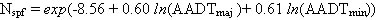 Equation 2. N subscript spf for four-legged stop-controlled intersections. N subscript spf equals the exponent of the sum of parenthesis -8.56 plus 0.60 times ln parenthesis AADT subscript maj end parenthesis plus 0.61 times ln parenthesis AADT subscript min end parenthesis end parenthesis.