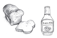 Ilustración de una hogaza de pan y un frasco de aderezo para ensaladas.