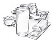 Ilustración de un vaso de leche y un plato de helado, una barra de mantequilla y un pedazo de queso.