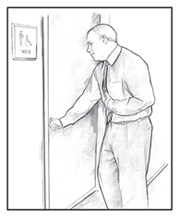 Ilustración de un hombre entrando al baño de hombres.
