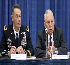 The Combined Arms Center Deputy Commanding General for Leader Development and Education, Brig. Gen (P) Gordon B. Davis, Jr. and Retired Gen. Frederick M. Franks, Jr. address questions posed by audience members following the Association of the United States Army's Institute of Land Warfare Panel on Army Leader Development.  The panel, which took place in Washington D.C. during the AUSA Annual Symposium, was moderated by the CAC Commanding General, Lt. Gen. David G. Perkins.