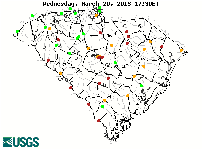 Stream gage levels in South Carolina, relative to 30 year average.