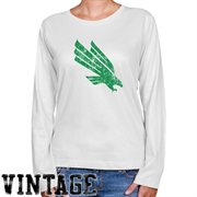 North Texas Mean Green Ladies White Distressed Logo Vintage Long Sleeve Classic Fit Tee