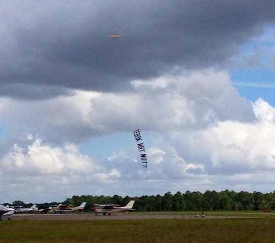 Photo: A plane flew a "TEBOW, WHY NOT?" sign over the Jacksonville Jaguars game today: http://yhoo.it/1fAQnlx 

Would Tebow help the Jags this season?

Follow all of the day's NFL action here: http://yhoo.it/15b3VxJ 

(Image via @BransonSmith on Twitter: https://twitter.com/BransonSmith/statuses/384382544390529026)