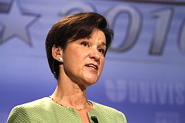 FILE - In this Oct. 8, 2010 file photo, Alex Sink, speaks during a gubernatorial debate in Miami. Sink announced Wednesday, Oct. 30, 2-13 that she will move to Pinellas County and run for the congressional seat that had been held by U.S. Rep. Bill Young. Young died earlier this month. (AP Photo/J Pat Carter, File)