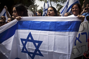 Students protest outside the Hebrew University of Jerusalem. Photograph by Maya Hitij/AP Photo