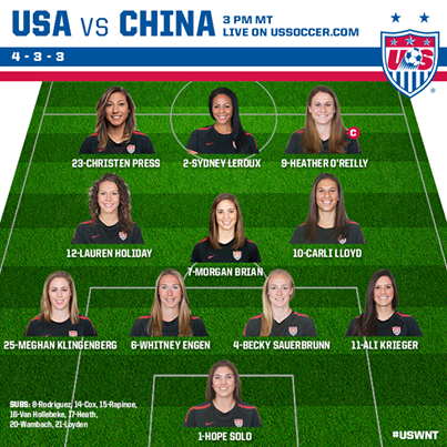 Photo: #USAvCHN Starting XI: 1-Solo; 11-Krieger, 4-Sauerbrunn, 6-Engen, 25-Klingenberg; 7-Brian, 10-Lloyd, 12-Holiday; 9-O’Reilly (c), 2-Leroux, 23-Press ... 4-3-3 with a V shape midfield LIKE it? Thoughts on the XI?

Post your first half comments below & watch live here:     http://ussoc.cr/1jmKmbh  | 3 p.m. MT