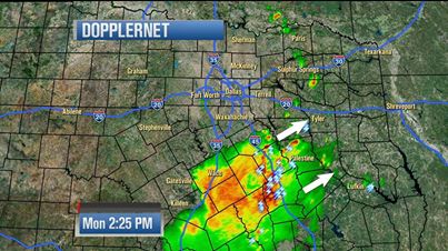Photo: Weather Update: Showers and thunderstorms south of Dallas/Fort Worth near Waco, Corsicana, and Palestine are blocking the transport of moisture into North Texas. This is preventing rain around DFW. Dry conditions should prevail for the next several hours until a somewhat better chance for rain comes back after 5 p.m. However, isolated pop-up showers or thunderstorms are still possible at anytime. It's just that type of weather situation. The rain you see on this map is moving NE at around 15 mph.