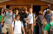 Students mingle around Berkey Hall on the first day of fall semester classes.