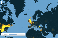 A screen shot of a visualization by CartoDB of Twitter posts over time containing the #Ferguson hashtag, organized by geographic location.