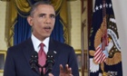 US president Barack Obama delivers a primetime address from the Cross Hall of the White House.