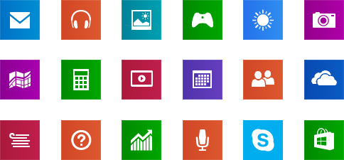 Built-in apps tiles for Mail, Music, Photos, Games, Weather, Camera, Maps, Calculator, Video, Calendar, People, SkyDrive, Reading List, Help + Tips, Finance, Sound Recorder, Skype, and Store.