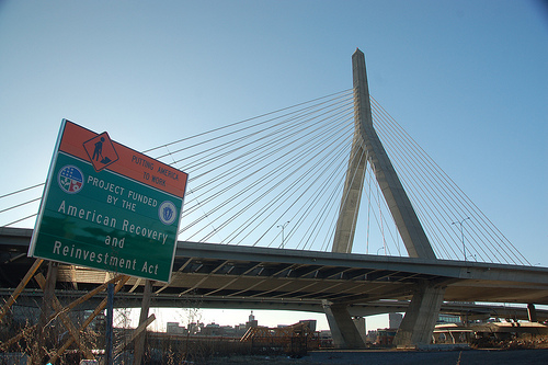 "American Recovery and Reinvestment Act" (ARRA) sign near the base of the Zakim Bridge, Charlestown MA