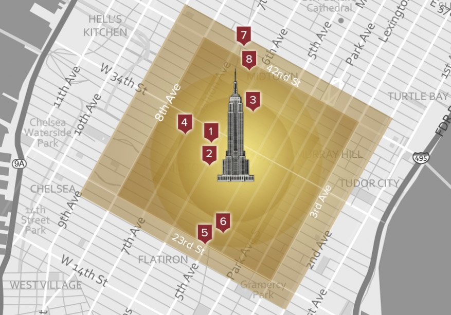 Map of NY with the Empire State Building at the center. 