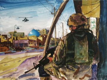 Steve Mumford, Untitled. Arkansas National Guardsman Jerry Holland on foot patrol on Haifa Street, Baghdad, Iraq. November 2004.