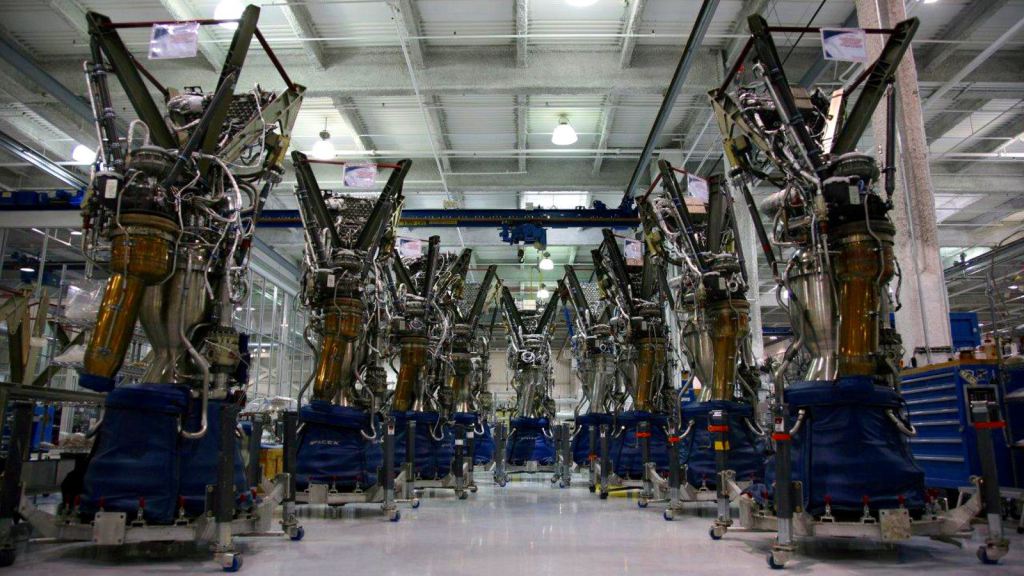 The nine merlin engines that power a SpaceX rocket.