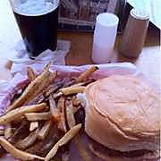 Goat cheese burger fries and Rahr Bourbon Barrel Winter Warmer