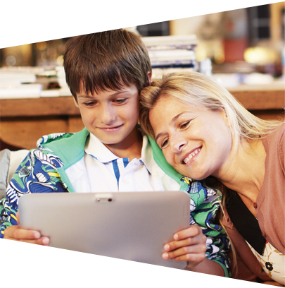 Mother and son looking at tablet together